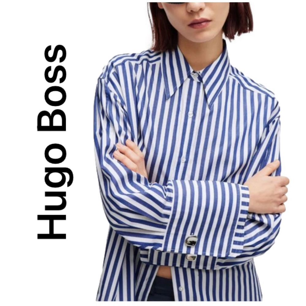 New! HUGO BOSS Oversized Shirt, Blue and Navy Stripe, Size 34